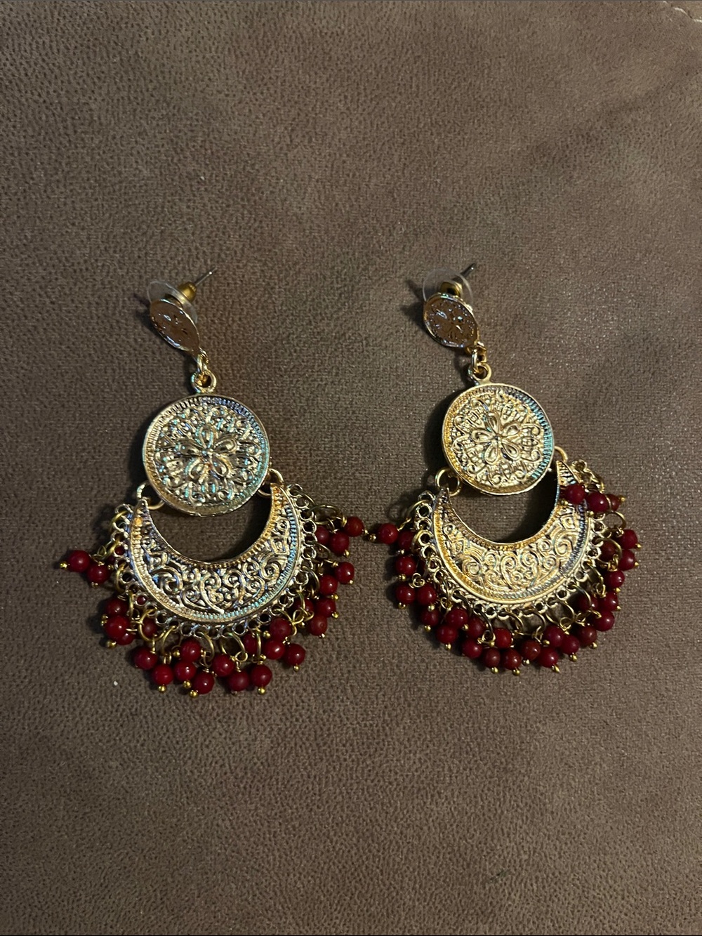 Gold Filigree Dangle Earrings with Red Bead Fringe